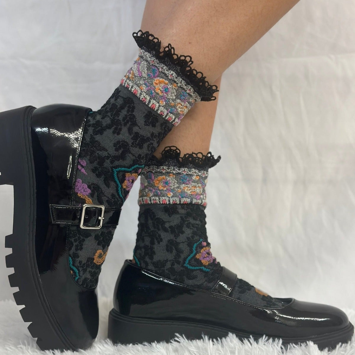 HELLO BIRDY knit lace top black crew sock - eye candy sock, novelty print sock women's fun colorful socks women