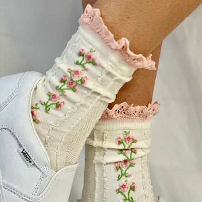 garden party pink lace crew socks ladies, cool lace socks women.