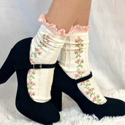 garden party socks for heels, pink lace signature socks women, floral flower socks ladies.
