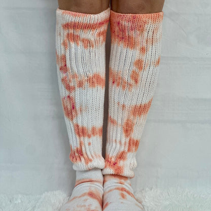 ULTIMATE  cotton  slouch socks women  - Tie dyed coral  orange, hooters dyed colors made in USA sock women