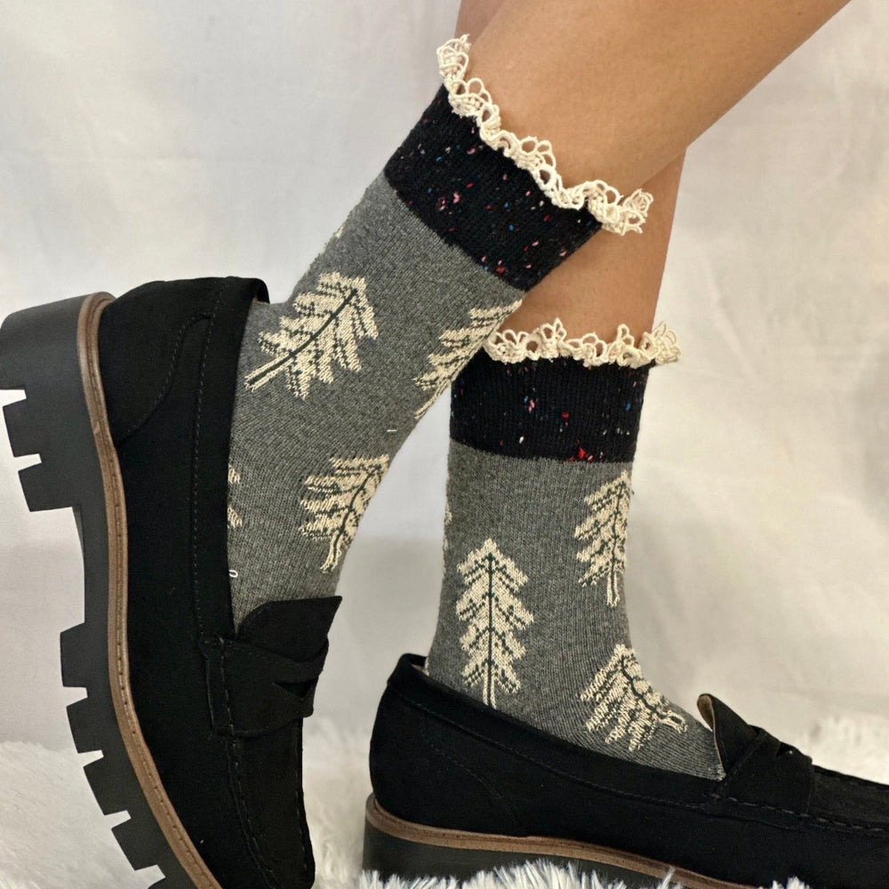 FOREST knit whimsical print crew sock - grey