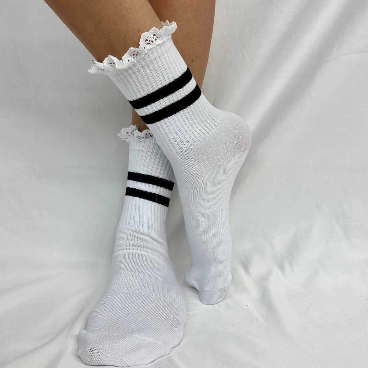 YOGA stripe grip crew socks - white, sticky bottom sports, exercise socks women fun