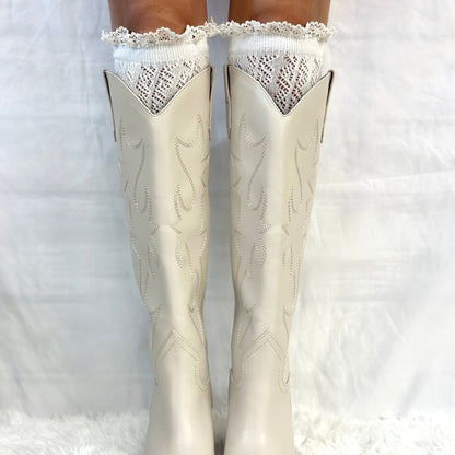 fun hosiery women, cute lacy style, cowgirl boots socks, tall lace knee socks for women , Catherine Cole Atelier