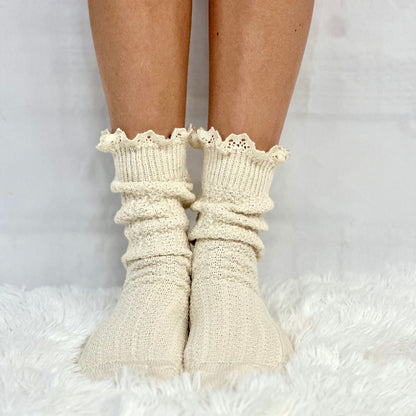 BOOTIE  lace slouch  socks - natural - made in usa slouch socks for women, Catherine Cole Signature socks cotton