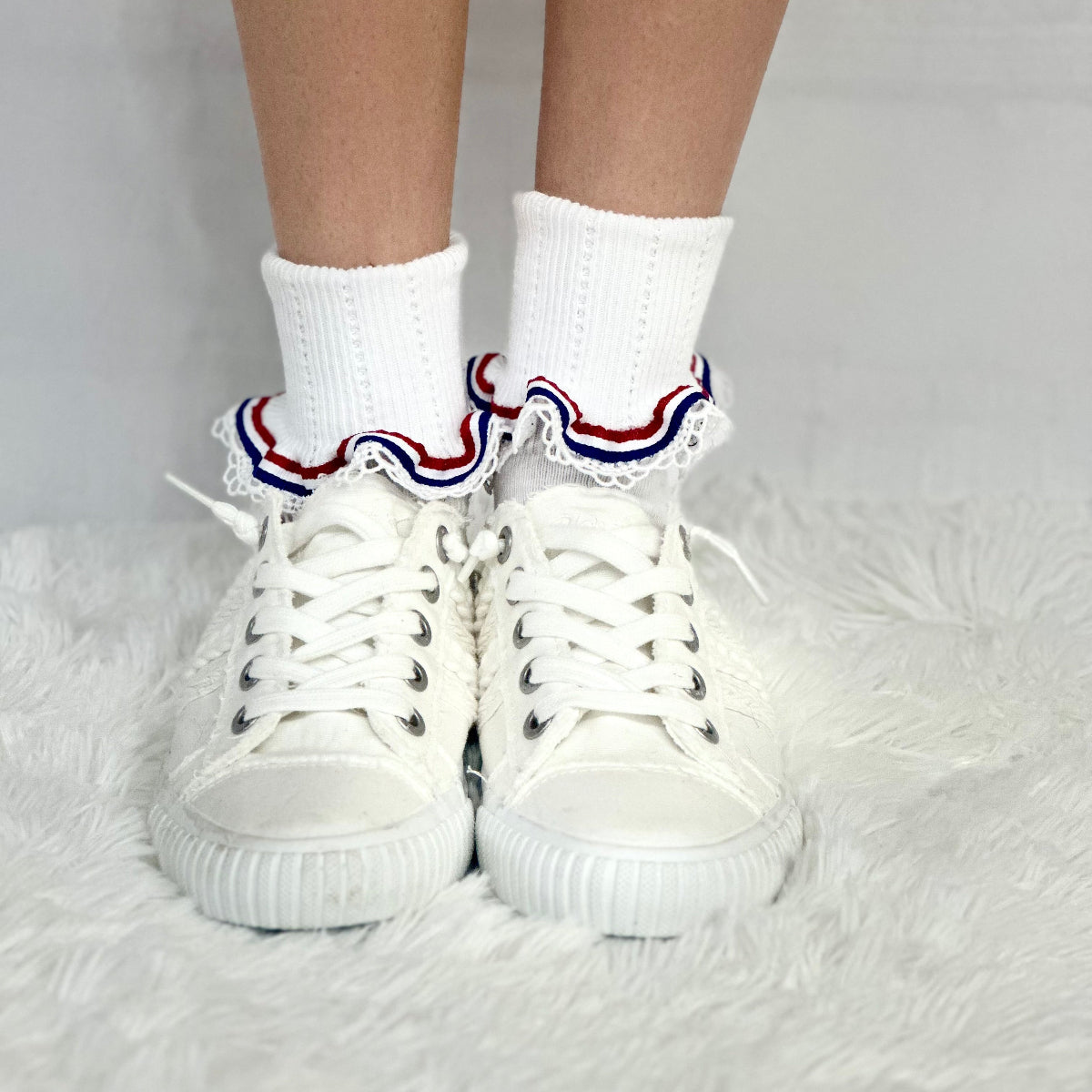 Stripes  patriotic lace cuff socks - white, American socks for women., Catherine Cole signature socks