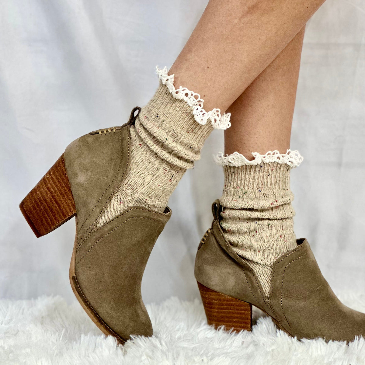 Bootie cute lace topped boot socks, linen tweed , short ankle boot socks, Catherine Cole signature socks women