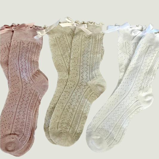 BOW ruffle top pointelle sock - white, beige, blush