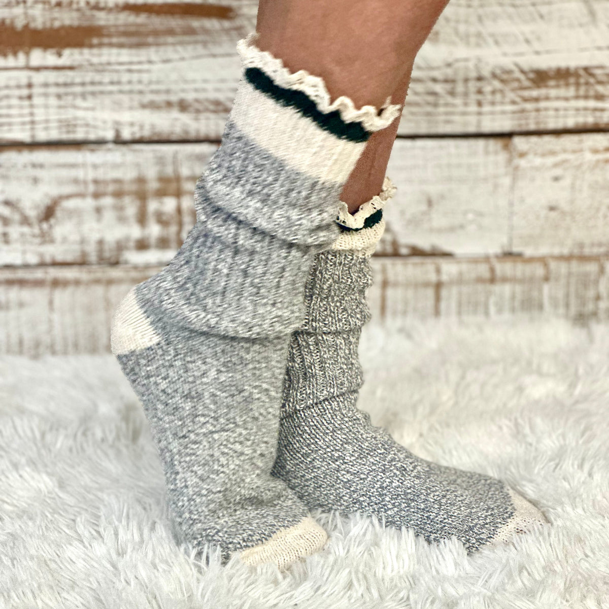 STRIPED recycled Cotton Crew Socks Lace Trim - GREEN | Made in America with premium yarn by Catherine Cole, vintage sock monkey style | Catherine Cole
