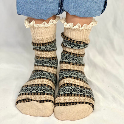 NORDIC ski sweater design lace topped slouch socks women, Catherine Cole Signature socks - tan
