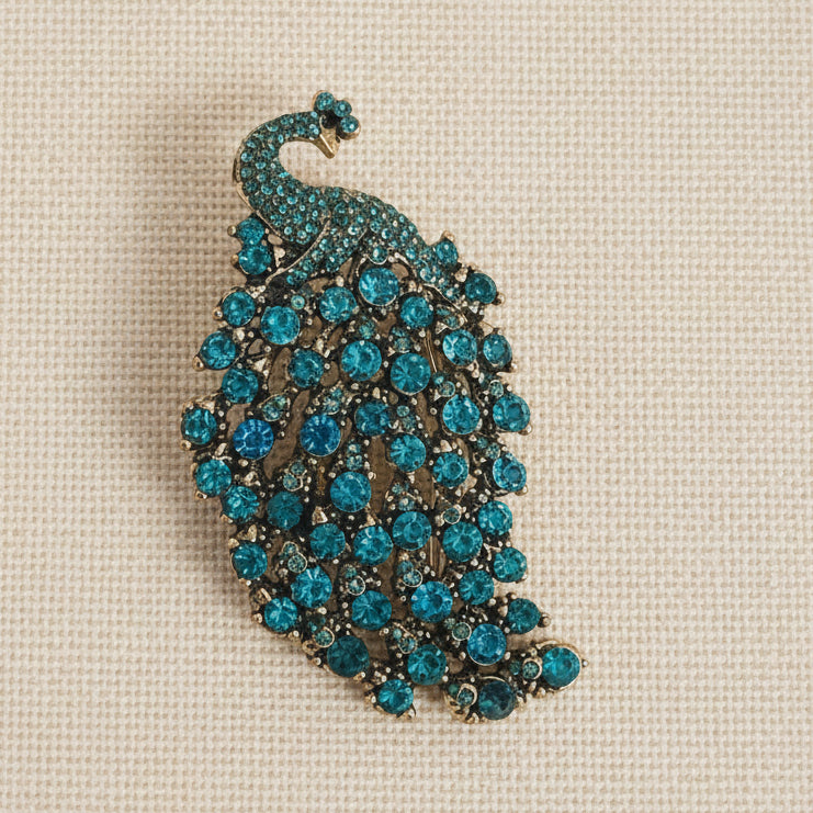Teal Crystal Peacock Brooch Pin, 3-Inch Statement Jewelry