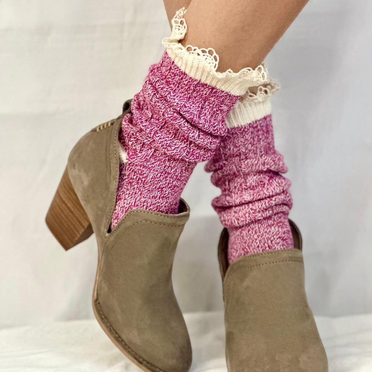 Pink cotton ankle socks lace, lace boot socks, Pink organic socks women's.