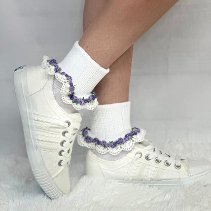 FLOWERS  lace cuff socks - white purple,, pretty summer lace cuff sock for women made in USA, Catherine Cole socks