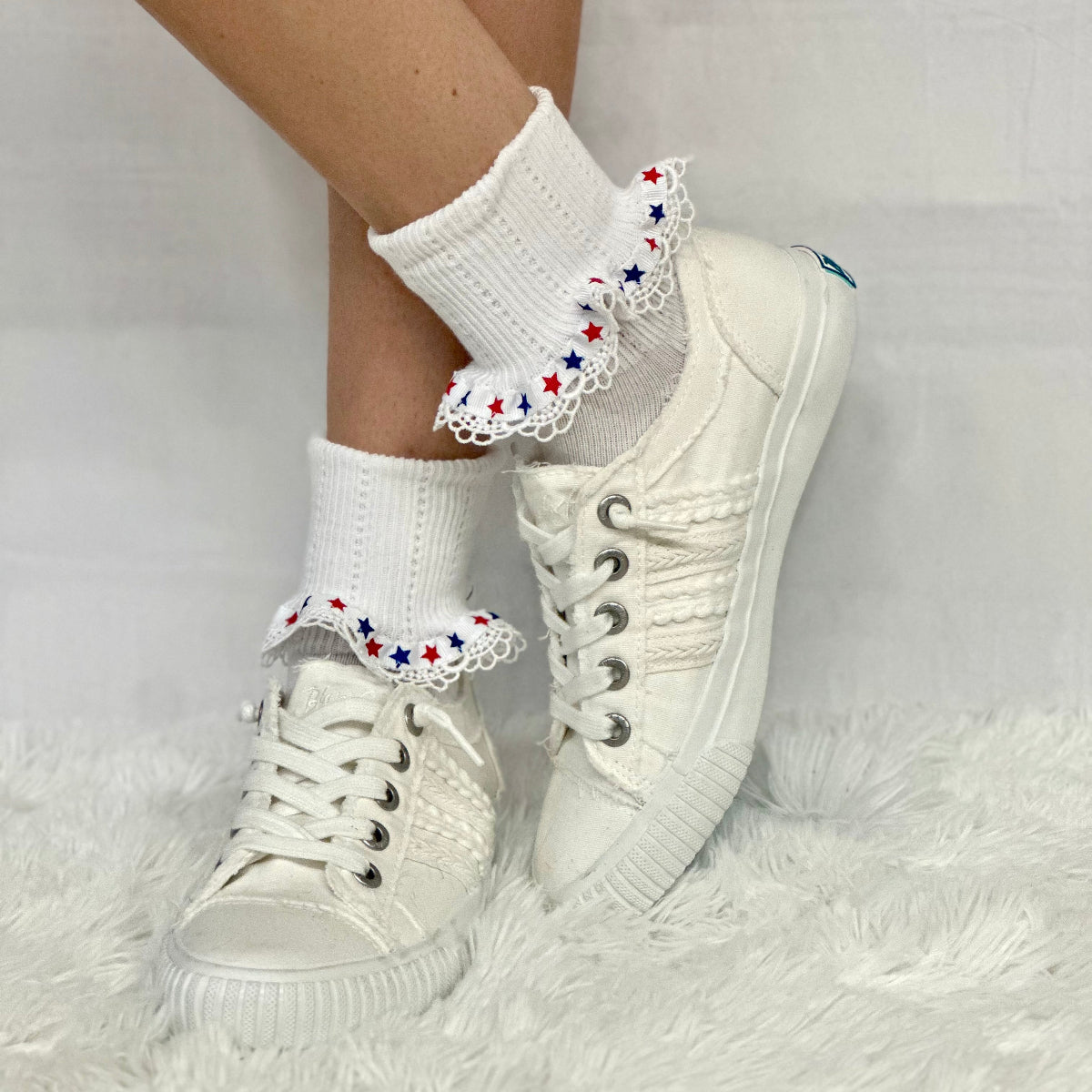 STARS patriotic lace cuff socks - white, American socks for women., Catherine Cole signature socks