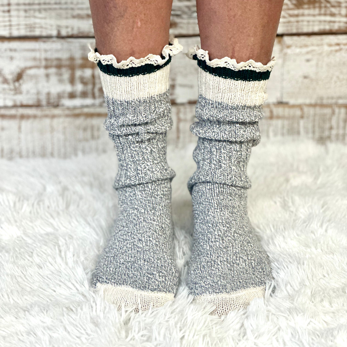 STRIPED recycled Cotton Crew Socks Lace Trim - GREEN | Made in America with premium yarn by Catherine Cole, vintage sock monkey style | Catherine Cole