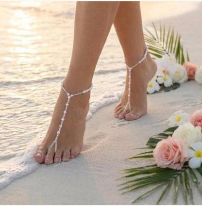 Pair of Pearl Hand-Beaded Barefoot Sandals • SEA OF LOVE Beach Wedding Foot Jewelry