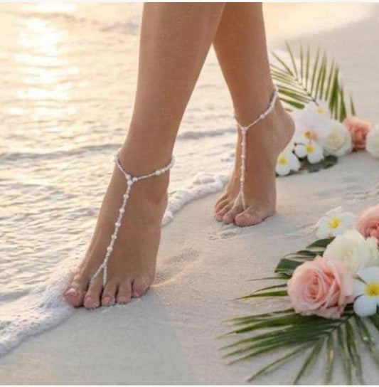 Pair of Pearl Hand-Beaded Barefoot Sandals • SEA OF LOVE Beach Wedding Foot Jewelry