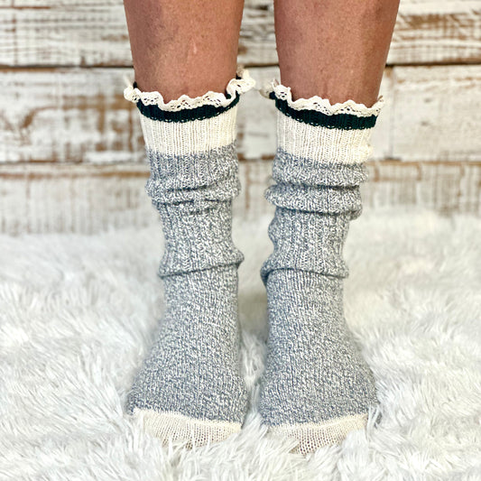 STRIPED recycled Cotton Crew Socks Lace Trim - GREEN | Made in America with premium yarn by Catherine Cole, vintage sock monkey style | Catherine Cole