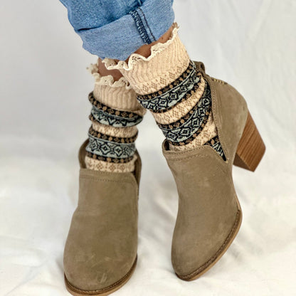 NORDIC ski sweater design lace topped slouch socks women, Catherine Cole Signature socks - tan