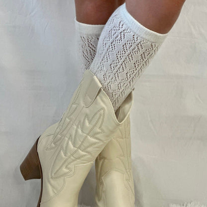 cowboy boot socks. what to wear catherine cole atelier, socks to wear with cowboy western boots,  tall knee high socks women's, best quality lace socks, Amazon knee socks