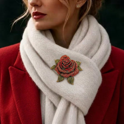 Ruby Red Rose Crystal Brooch Pin - Large Floral Vintage Jewelry