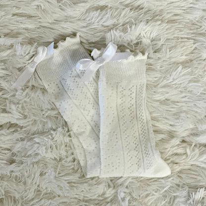 BOW ruffle top pointelle sock - white, beige, blush