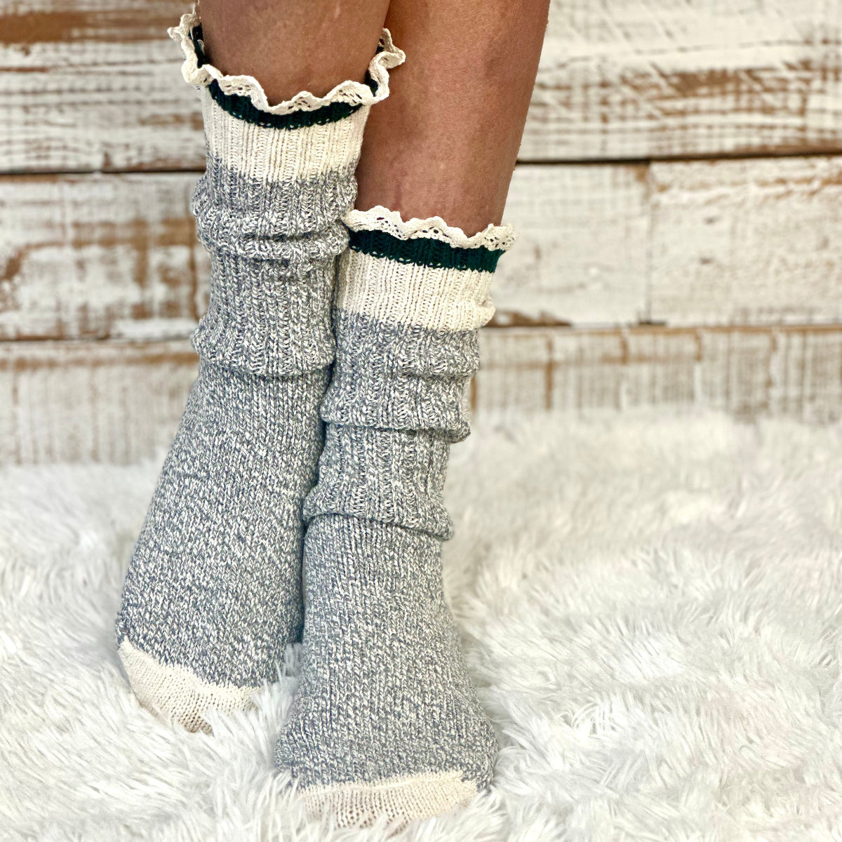 STRIPED recycled Cotton Crew Socks Lace Trim - GREEN | Made in America with premium yarn by Catherine Cole, vintage sock monkey style | Catherine Cole