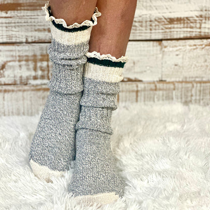 STRIPED recycled Cotton Crew Socks Lace Trim - GREEN | Made in America with premium yarn by Catherine Cole, vintage sock monkey style | Catherine Cole