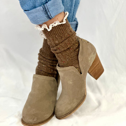 BOOTIE  lace slouch  socks - brown, fall quality slouch socks women, Catherine Cole signature socks
