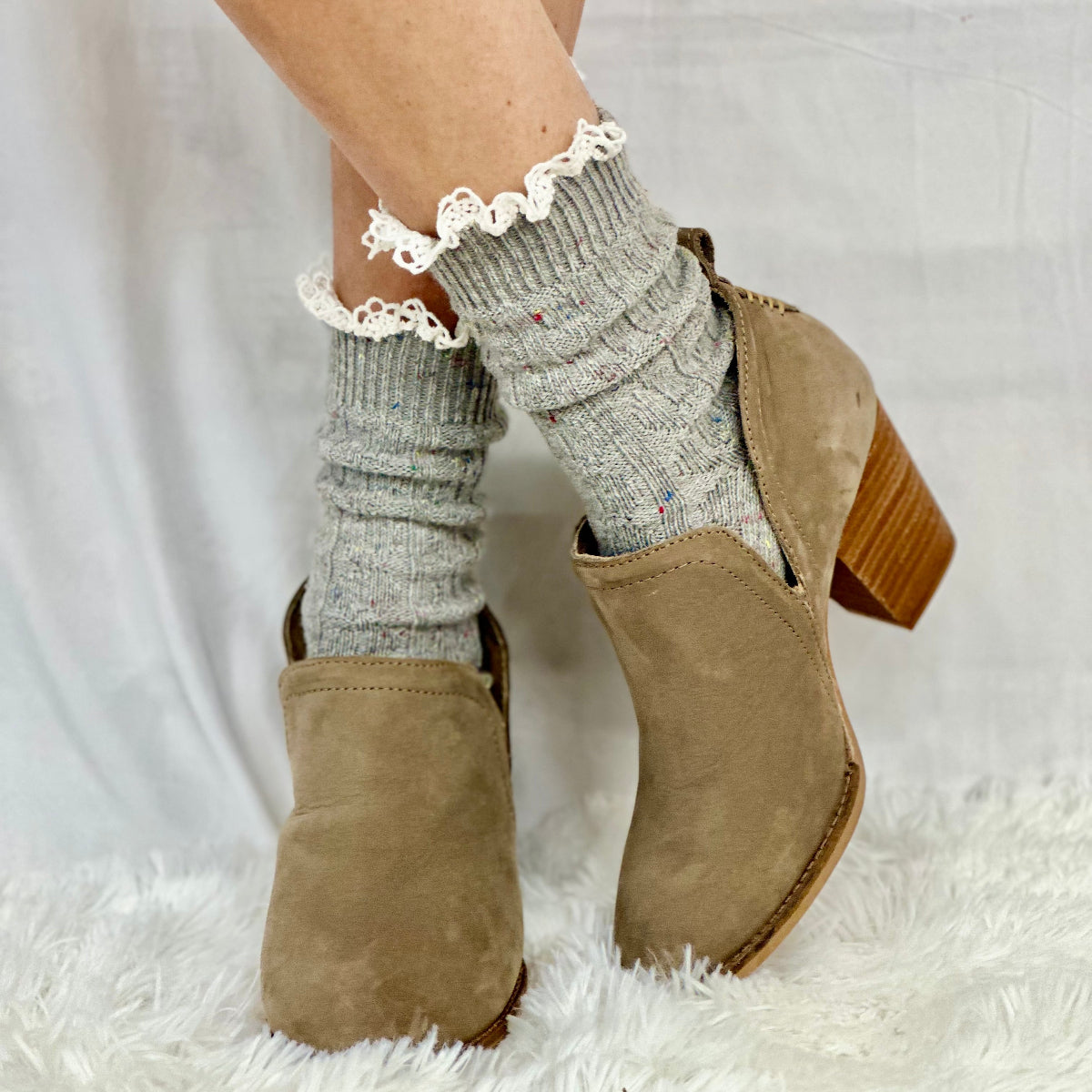Bootie cute lace topped boot socks, grey, short ankle boot socks, Catherine Cole signature socks women
