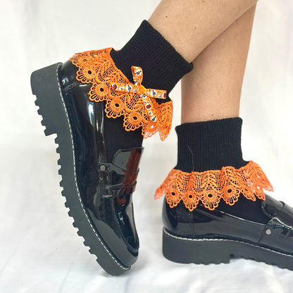 HALLOWEEN  bow  lace cuff socks - black / orange