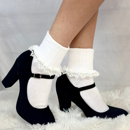 Tatted lace cuff ankle socks white, Catherine Cole best quality lace socks women’s 