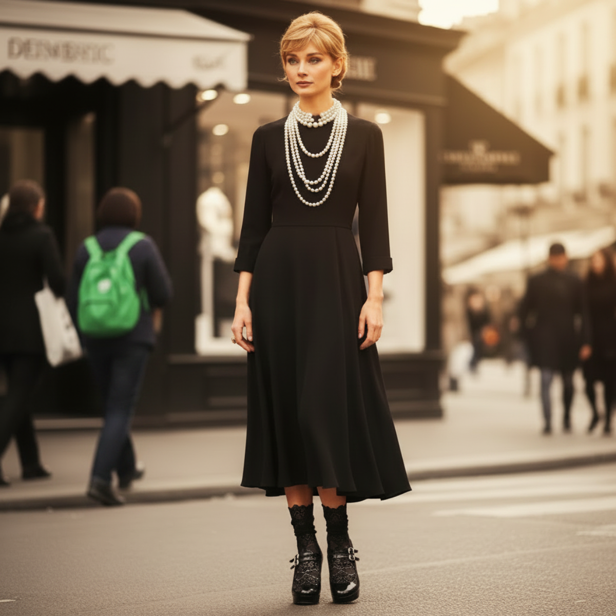 allover black lace sokcs , fashion shoot breakfast at tiffany theme by Catherine cole