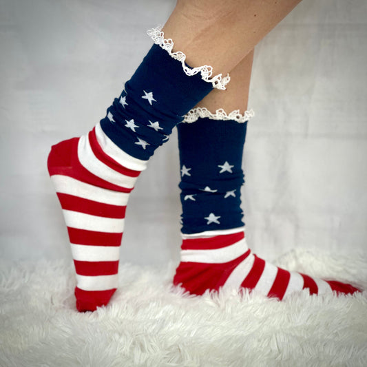 AMERICAN FLAG patriotic socks - red white blue, Made in USA America lace socks women - Catherine Cole signature socks