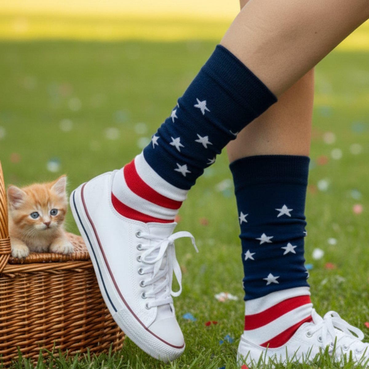 Person wearing red, white, and blue socks with white sneakers on a street with American flags in the background.