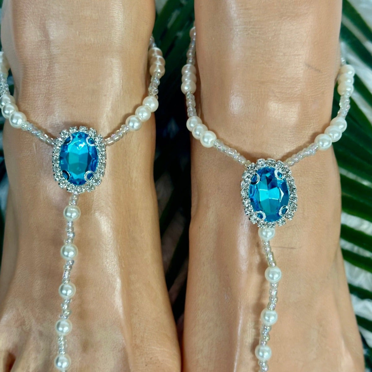 aqua blue crystal footless sandals beach body jewelry, Catherine Cole 
 AQUAMARINE beaded barefoot sandals  - aqua by Catherine cole