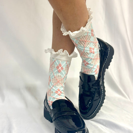ARGYLE pastel  preppy lace top sock