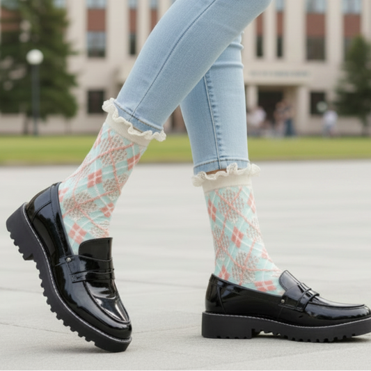 Person wearing floral-patterned socks with light blue jeans and black shoes, standing in front of a bell. lace ankle socks
