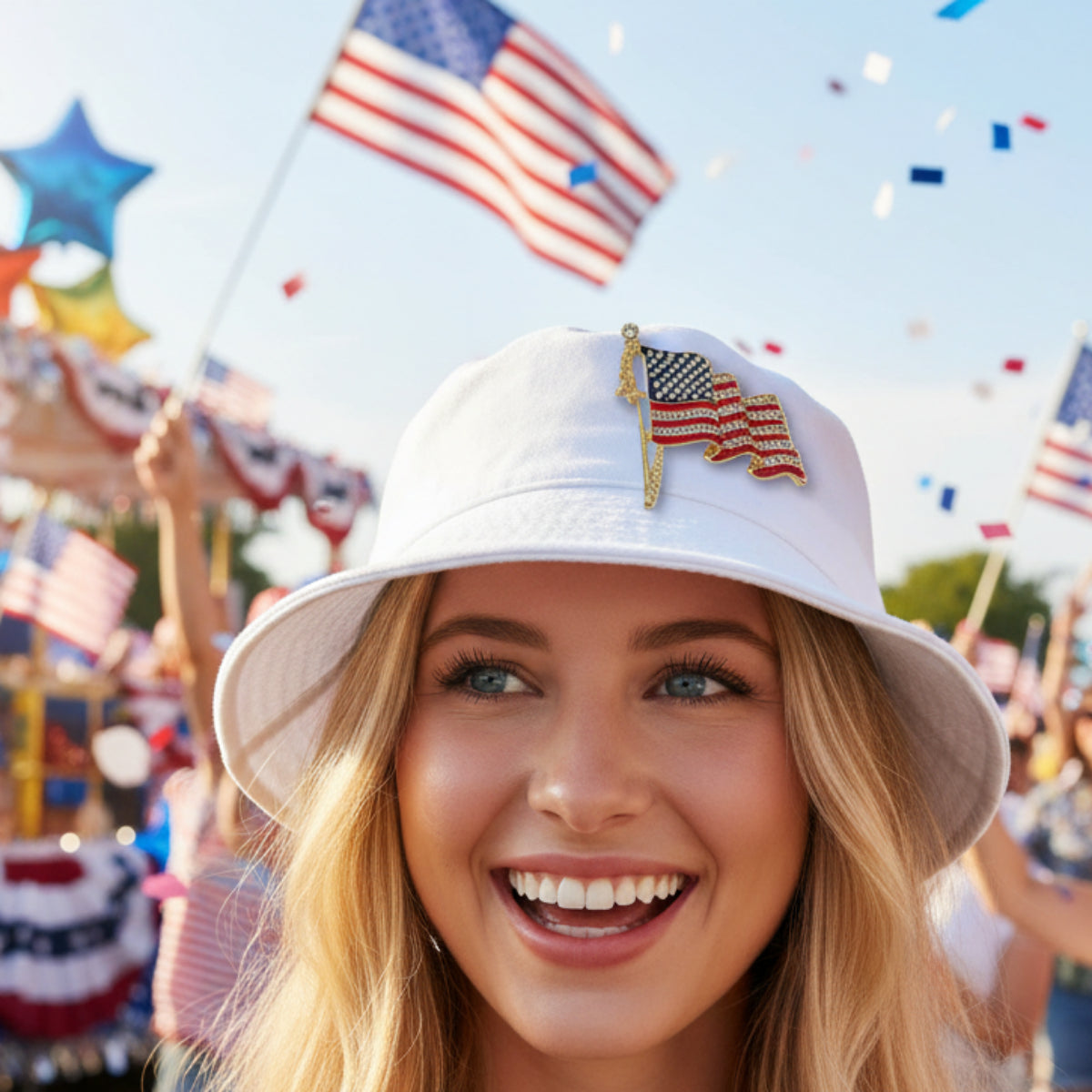 American flag brooch with rhinestones on a white background