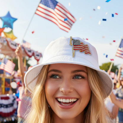 American flag brooch with rhinestones on a white background