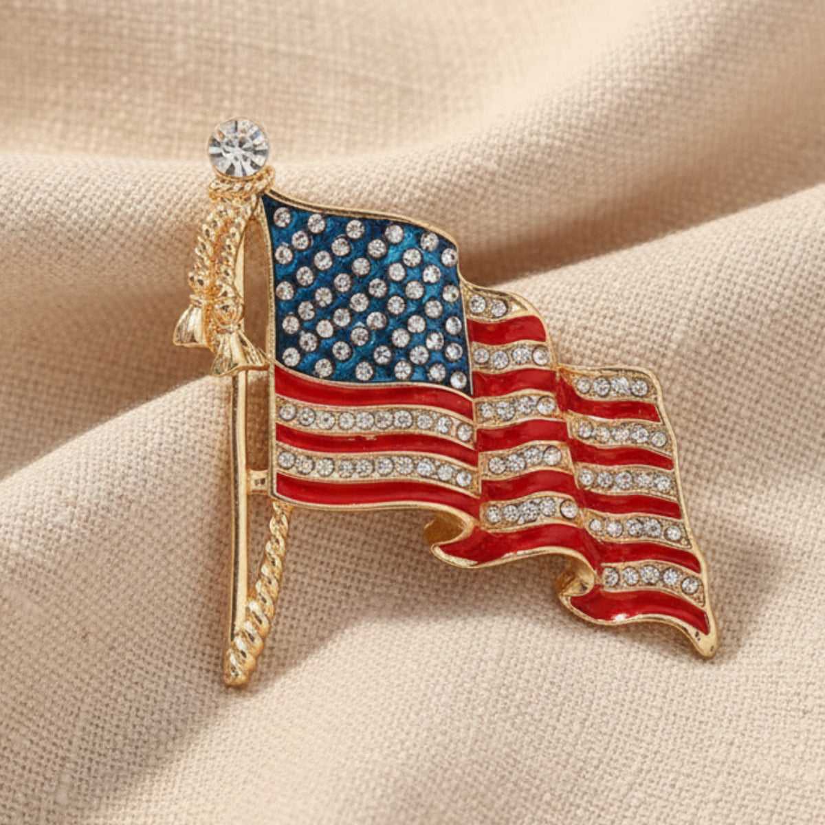 American flag brooch with measurements on a white background. patriotic jewelry