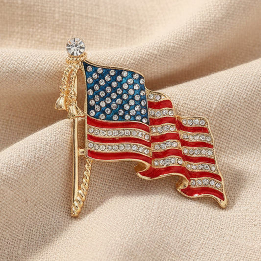 American flag brooch with measurements on a white background. patriotic jewelry