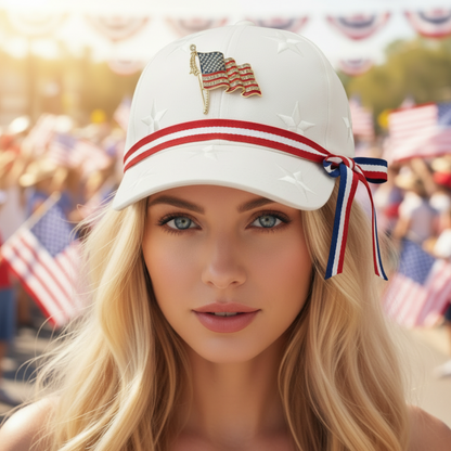 White cap with American flag emblem and red, white, and blue ribbon against a fireworks display background.