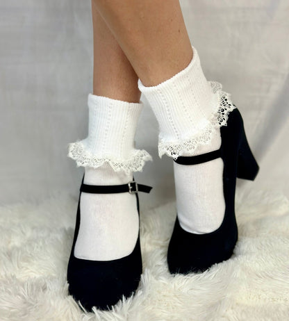 Tatted lace cuff ankle socks white, women’s lace socks for heels, ruffle socks