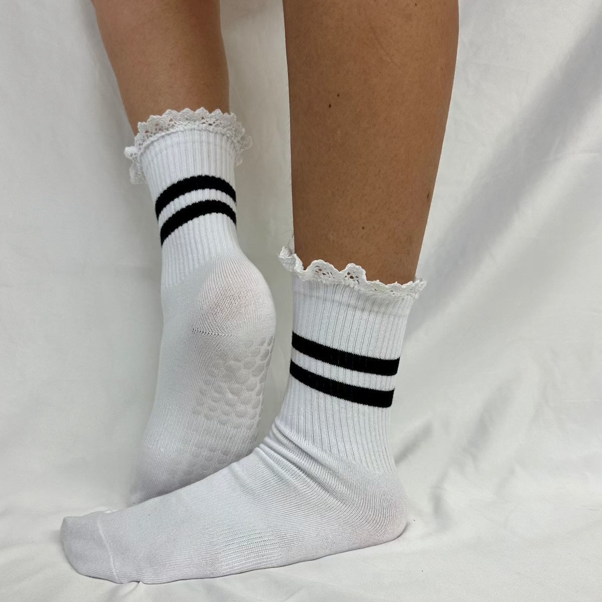 YOGA stripe grip crew socks - white, sticky bottom sports, exercise socks women fun