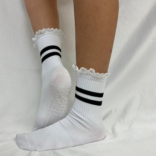YOGA stripe grip crew socks - white, sticky bottom sports, exercise socks women fun