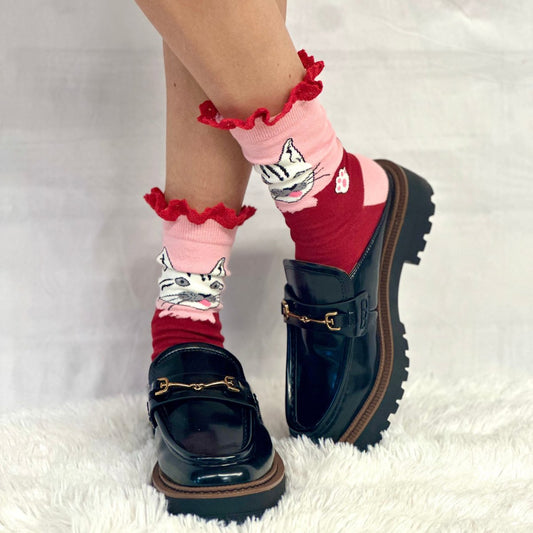 FELINE fun novelty print crew sock womens- red pink, cute cat socks, fun novelty socks, Catherine Cole signature socks