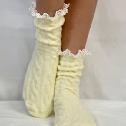 Heavenly ultra soft yellow lace crew socks women's, ruffle socks ladies.