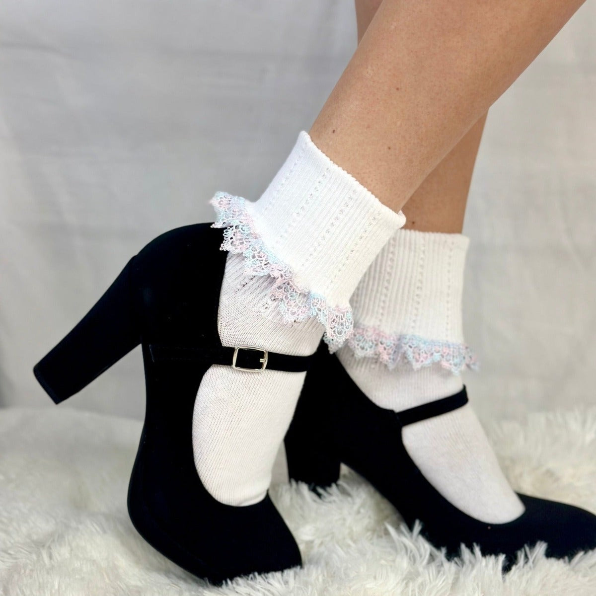 OMBRE" tatted  lace cuff ankle socks  - white blue, lace socks women’s near me, lace socks with heels.