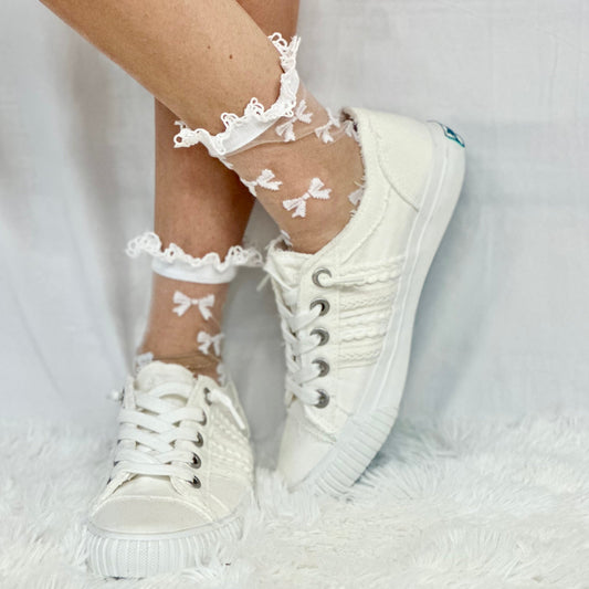 BETTY BOW  WHITE sheer lace sock for women, pretty lace ankle socks, women's lace fashion, bridal designer wedding lacy hosiery for heels, Catherine Cole signature socks