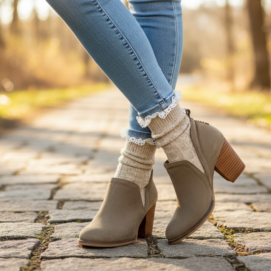 Brown ankle boots worn with light blue jeans and beige socks on a stone path. lace ankle boot socks women ladies fashion